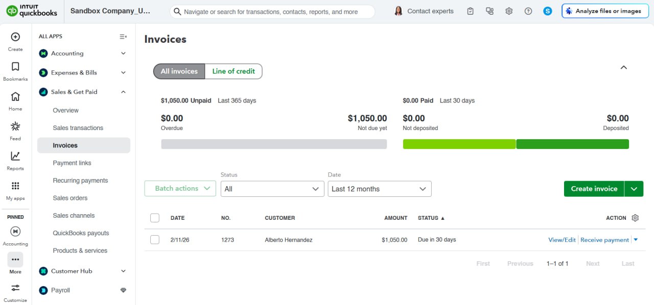Factura generada en QuickBooks